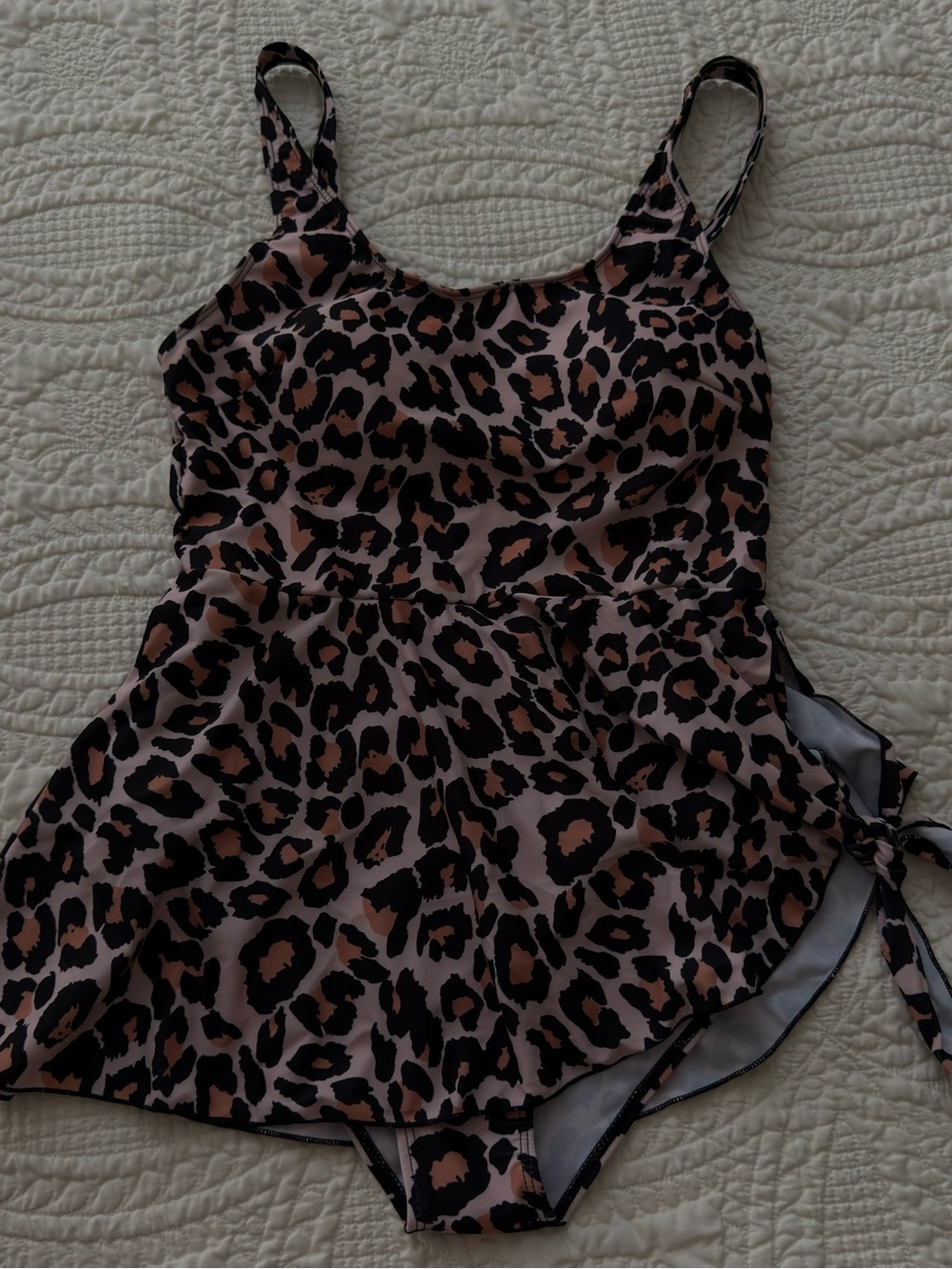 Women’s Leopard Print One-Piece Swim Dress - Tan/Brown - L